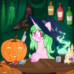 Size: 1080x1080 | Tagged: safe, artist:lacey.wonder, oc, oc only, bat, pony, unicorn, bottle, bust, candle, eye clipping through hair, fire, halloween, hat, holiday, horn, jack-o-lantern, pumpkin, smiling, solo, starry eyes, table, unicorn oc, wingding eyes, witch hat