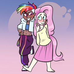 Size: 4080x4080 | Tagged: safe, artist:carconutty, fluttershy, rainbow dash, human, g4, abs, barefoot, blushing, clothes, dark skin, dress, duo, feet, female, gradient background, humanized, lesbian, midriff, off shoulder, ship:flutterdash, shipping, skirt, sports bra