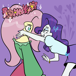Size: 4080x4080 | Tagged: safe, artist:carconutty, fluttershy, rarity, equestria girls, g4, clothes, duo, female, floral head wreath, flower, lesbian, looking at each other, off shoulder, purple background, ship:flarity, shipping, simple background