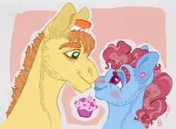 Size: 1280x936 | Tagged: safe, artist:skior, carrot cake, cup cake, earth pony, pony, g4, boop, bust, cupcake, cute, female, food, husband and wife, looking into each others eyes, male, noseboop, ship:carrot cup, shipping, straight, the cakes
