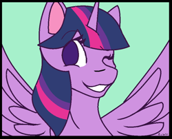 Size: 760x614 | Tagged: safe, artist:mscolorsplash, twilight sparkle, alicorn, pony, g4, bust, female, green background, mare, no pupils, one eye closed, simple background, smiling, solo, twilight sparkle (alicorn), wink