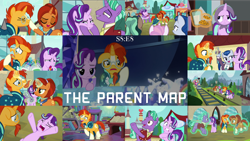 Size: 1972x1110 | Tagged: safe, edit, edited screencap, editor:quoterific, screencap, ever essence, firelight, minty mocha, raspberry latte, starlight glimmer, stellar flare, sunburst, earth pony, pony, unicorn, g4, the parent map, blaze (coat marking), coat markings, eyes closed, facial markings, fathers gonna father, female, glowing horn, horn, magic, magic aura, male, mare, mothers gonna mother, open mouth, socks (coat markings), stallion, starlight glimmer is not amused, train, unamused