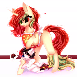 Size: 1920x1935 | Tagged: safe, artist:krissstudios, oc, oc only, pony, unicorn, apron, clothes, eye clipping through hair, eyebrows, eyebrows visible through hair, female, heterochromia, horn, mare, micro, open mouth, open smile, smiling, unicorn oc