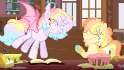 Size: 3371x1915 | Tagged: safe, artist:katelynleeann42, artist:sugaryicecreammlp, oc, oc only, oc:citrus blast, oc:lunar party, bat pony, pony, book, cake, egg, female, food, mare