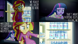Size: 2000x1125 | Tagged: safe, edit, edited screencap, editor:quoterific, screencap, sunset shimmer, twilight sparkle, human, equestria girls, g4, my little pony equestria girls: rainbow rocks, clothes, food, open mouth, pajamas, refrigerator, whipped cream