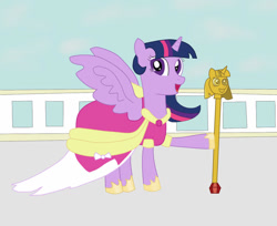 Size: 1024x834 | Tagged: safe, artist:04startycornonline88, twilight sparkle, alicorn, pony, g4, balcony, clothes, coronation dress, dress, hoof shoes, scepter, solo, twilight scepter, twilight sparkle (alicorn)