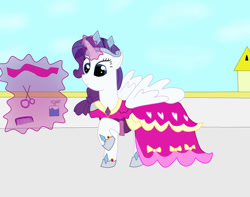 Size: 1024x805 | Tagged: safe, artist:04startycornonline88, rarity, alicorn, pony, g4, alicornified, balcony, clothes, comb, coronation dress, crown, dress, hoof shoes, jewelry, magic, race swap, raricorn, regalia, ribbon, scissors, solo, spray, telekinesis