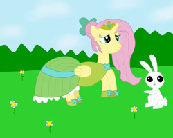 Size: 1024x819 | Tagged: safe, artist:04startycornonline88, angel bunny, fluttershy, alicorn, pony, g4, alicornified, clothes, coronation dress, crown, dress, fluttercorn, hoof shoes, jewelry, race swap, regalia, solo