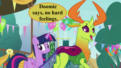 Size: 1280x720 | Tagged: safe, edit, edited screencap, editor:korora, screencap, thorax, twilight sparkle, changedling, changeling, g4, triple threat, balloon, butt, duo, king thorax, plot, shitposting, speech, speech bubble, talking, tree, twibutt