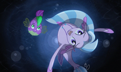 Size: 1280x757 | Tagged: safe, artist:bearmation, silverstream, spike, fish, puffer fish, seapony (g4), g4, my little pony: the movie, :d, blue mane, bubble, crepuscular rays, crossover, duo, female, fin wings, fins, fish tail, flowing mane, green eyes, jewelry, looking at you, looking up, male, necklace, ocean, open mouth, open smile, parody, part of your world, purple eyes, scene parody, seapony silverstream, signature, smiling, smiling at you, species swap, spike the pufferfish, swimming, tail, the little mermaid, underwater, water, wings