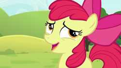 Size: 1920x1080 | Tagged: safe, screencap, apple bloom, earth pony, pony, brotherhooves social, g4, bow, female, filly, laughing, nervous, solo