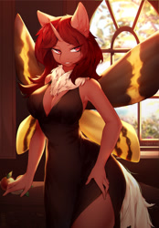 Size: 1971x2832 | Tagged: safe, alternate version, artist:mashiro, oc, oc only, oc:flechette, changeling, moth, mothling, original species, anthro, big breasts, breasts, cleavage, clothes, curved horn, dress, female, horn, neck fluff, red changeling, side slit, solo, wings