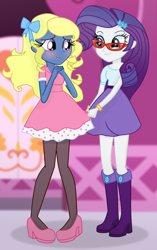 Size: 1274x2024 | Tagged: safe, artist:grapefruitface1, rarity, oc, oc:azure/sapphire, equestria girls, g4, clothes, crossdressing, dress-up, femboy, makeover, male, poodle skirt, show accurate, skirt