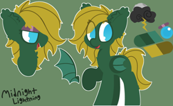 Size: 2048x1256 | Tagged: safe, artist:moonydusk, oc, oc only, oc:midnight lightning, bat pony, pony, bat pony oc, bat wings, commission, cute, eyeshadow, female, looking at you, makeup, mare, reference sheet, smiling, solo, wings