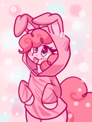 Size: 600x800 | Tagged: safe, artist:valeria_fills, pinkie pie, earth pony, pony, g4, :p, animal costume, animated, bipedal, blinking, blushing, bunny costume, clothes, costume, cute, diapinkes, digital art, female, gif, mare, simple background, solo, standing, tail, tongue out