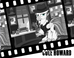 Size: 638x497 | Tagged: safe, artist:pixelkitties, terramar, wind rider, hippogriff, g4, clothes, cole howard, film reel, male, monochrome, mugshot, neo noir, noir, office, partial color, photo, pinboard, pixelkitties' brilliant autograph media artwork