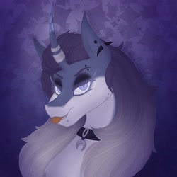 Size: 2048x2048 | Tagged: safe, artist:lunathemoongod, oc, oc only, pony, unicorn, collar, glowing eyes, glowing horn, high res, horn, makeup, piercing, solo, tongue out