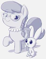 Size: 1309x1683 | Tagged: safe, artist:heretichesh, silver spoon, earth pony, pony, rabbit, g4, animal, female, filly, glasses, happy, jewelry, male, pet