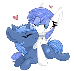 Size: 2800x2700 | Tagged: safe, artist:lbrcloud, oc, oc only, oc:double colon, oc:snow pup, pegasus, pony, unicorn, blushing, chest fluff, collar, commission, dog tags, duo, ear fluff, eye clipping through hair, eyebrows, eyebrows visible through hair, eyes closed, female, heart, high res, horn, mane, nuzzling, simple background, tail, transparent background, wings, ych result