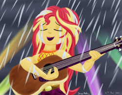 Size: 1400x1100 | Tagged: safe, artist:rockhoppr3, sunset shimmer, equestria girls, g4, let it rain, my little pony equestria girls: better together, guitar, musical instrument, rain, solo, spotlight