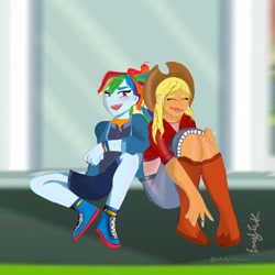 Size: 1080x1080 | Tagged: safe, artist:emziesart, applejack, rainbow dash, equestria girls, g4, alternate hairstyle, boots, bracelet, clothes, duo, eyes closed, female, hat, jewelry, open mouth, outdoors, ring, shoes, shorts, signature, smiling