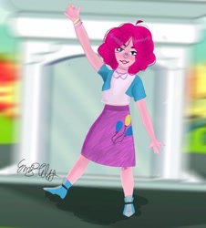 Size: 1080x1193 | Tagged: safe, artist:emziesart, pinkie pie, equestria girls, g4, bracelet, clothes, cutie mark, cutie mark on clothes, dress, female, jewelry, outdoors, ring, shoes, signature, smiling, solo, waving