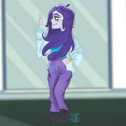 Size: 1080x1080 | Tagged: safe, artist:emziesart, rarity, equestria girls, g4, bracelet, clothes, cutie mark, cutie mark on clothes, female, jewelry, outdoors, pants, shoes, signature, smiling, solo