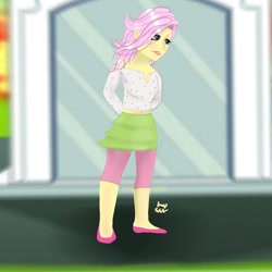 Size: 1080x1080 | Tagged: safe, artist:emziesart, fluttershy, equestria girls, g4, arm behind back, clothes, female, outdoors, pants, shoes, signature, skirt, smiling, solo