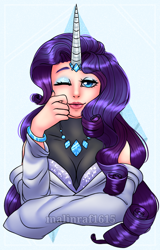 Size: 570x889 | Tagged: safe, artist:malinraf1615, rarity, human, g4, alternate hairstyle, blue background, clothes, coat, eyeshadow, female, horn, horned humanization, humanized, jewelry, makeup, necklace, one eye closed, simple background, sleeveless, solo, wink