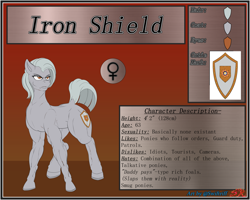 Size: 3000x2400 | Tagged: safe, artist:swiftriff, oc, oc only, oc:iron shield, pony, commission, cutie mark, female, high res, muscles, reference sheet, solo