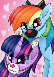 Size: 2480x3507 | Tagged: safe, artist:twidasher, rainbow dash, twilight sparkle, pegasus, pony, g4, cat ears, clothes, cosplay, costume, cute, dashabetes, duo, ear fluff, female, gradient background, heart, high res, lesbian, mask, meme mask, neko, ship:twidash, shipping, signature, twiabetes