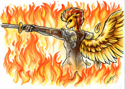 Size: 1920x1375 | Tagged: safe, artist:lupiarts, spitfire, anthro, g4, badass, crossover, fire, looking at you, looking back, looking back at you, one winged pegasus, sephiroth, solo, spitfiery