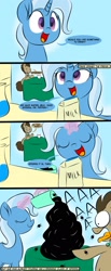 Size: 1000x2424 | Tagged: safe, artist:swivelstarsong, doctor whooves, time turner, trixie, earth pony, pony, spider, unicorn, g4, arachnophobia, comic, dialogue, doctor whooves is not amused, duo, female, glass, juice, male, mare, milk, refrigerator, stallion, table, wat, why