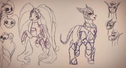 Size: 1080x589 | Tagged: safe, artist:meanagame, earth pony, pony, armor, entrapta, female, goggles, hordak, lineart, male, mare, ponified, she-ra and the princesses of power, sketch, smiling, stallion