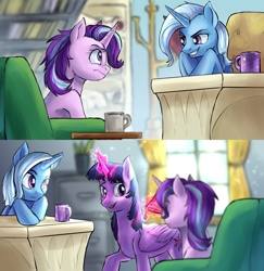 Size: 1920x1974 | Tagged: safe, artist:not-ordinary-pony, derpibooru exclusive, starlight glimmer, trixie, twilight sparkle, alicorn, pony, unicorn, fanfic:the nemesis, g4, 2 panel comic, comic, commission, female, illustration, mare, starlight's office, trio, twilight sparkle (alicorn)