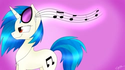 Size: 1930x1080 | Tagged: safe, artist:emalajiss36, dj pon-3, vinyl scratch, pony, unicorn, g4, female, jewelry, mare, music notes, necklace, signature, smiling, solo, sunglasses