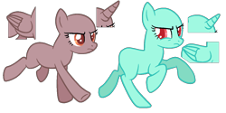Size: 1200x600 | Tagged: artist needed, safe, oc, oc only, earth pony, pony, bald, base, duo, earth pony oc, eyelashes, female, frown, horn, mare, running, simple background, transparent background, underhoof, wings