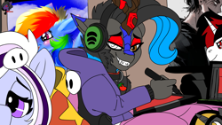 Size: 3840x2160 | Tagged: safe, artist:brainiac, derpibooru exclusive, rainbow dash, oc, oc only, oc:blackjack, oc:heccin pepperino, oc:knick knack, oc:whiskey lullaby, kirin, anthro, fallout equestria, fallout equestria: project horizons, collar, eren jaeger, fall guys, female, high res, mare, plushie, self portrait, solo, spotify