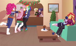 Size: 1815x1100 | Tagged: safe, artist:carnifex, applejack, fluttershy, pinkie pie, rainbow dash, rarity, sci-twi, sunset shimmer, twilight sparkle, equestria girls, g4, apron, blushing, bow, bunny slippers, christmas sweater, clothes, commission, commissioner:beanzoboy, cookie, cuddling, female, food, glasses off, hair bow, hair bun, holiday, hoodie, lesbian, mistletoe, necktie, now kiss, ship:flutterdash, ship:rarijack, ship:sci-twishimmer, ship:sunsetsparkle, shipper on deck, shipping, skirt, slippers, socks, sweater, winter