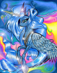 Size: 1280x1650 | Tagged: safe, artist:alaer, princess luna, alicorn, merpony, seapony (g4), g4, blue eyes, blue mane, blue tail, blushing, colored pupils, crown, cute, deviantart watermark, ethereal mane, ethereal tail, eyelashes, feather, female, fish tail, flowing mane, flowing tail, folded wings, glowing, happy, heart, heart bubbles, hoof shoes, horn, jewelry, lidded eyes, logo, long horn, long mane, looking at you, mare, obtrusive watermark, ocean, peytral, princess shoes, regalia, scales, seaponified, seapony luna, signature, smiling, smiling at you, solo, sparkles, sparkly, species swap, stars, swimming, tail, underwater, water, watermark, wings