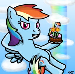 Size: 600x585 | Tagged: safe, artist:tetrahedron, rainbow dash, pegasus, pony, g4, birthday, birthday cake, birthday candles, cake, cloud, cute, flying, food, grin, hooves behind head, original style, plate, pointy ponies, rainbow dash day, rainbow waterfall, sky, smiling, solo, tenth birthday, wings