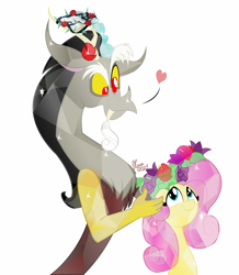 Size: 1280x1466 | Tagged: safe, artist:natalysweeneyart, discord, fluttershy, crystal pony, draconequus, pony, g4, bust, crystallized, female, floral head wreath, flower, heart, looking at each other, looking at someone, looking up, male, mare, ship:discoshy, shipping, simple background, smiling, sparkles, straight, thorn, white background