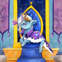Size: 1984x1988 | Tagged: safe, artist:lailyren, trixie, pony, unicorn, g4, alternate universe, cape, clothes, commission, crown, cup, ear fluff, jewelry, magic, regalia, solo, teacup, telekinesis, throne, traditional art, trixie's cape