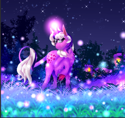 Size: 582x549 | Tagged: safe, artist:shirofluff, twilight, classical unicorn, pony, unicorn, g1, cloven hooves, dream castle, forest, glowing, glowing horn, horn, leonine tail, solo, unshorn fetlocks