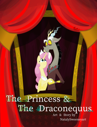 Size: 1280x1679 | Tagged: safe, artist:natalysweeneyart, discord, fluttershy, alicorn, draconequus, pony, comic:the princess and the draconequus, g4, alicornified, bust, curtains, fanfic, fanfic art, fanfic cover, female, fluttercorn, folded wings, holding arms, hoof shoes, jewelry, looking at each other, looking up, male, mare, painting, portrait, race swap, ship:discoshy, shipping, smiling, straight, tiara, title, wings