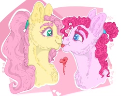 Size: 1280x1020 | Tagged: safe, artist:skior, fluttershy, pinkie pie, earth pony, pegasus, pony, g4, boop, bust, female, heart eyes, lesbian, looking at each other, noseboop, ponytail, ship:flutterpie, shipping, tongue out, wingding eyes