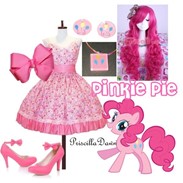 Size: 183x183 | Tagged: artist needed, source needed, safe, pinkie pie, earth pony, pony, g4, bow, clothes, dress, ear piercing, earring, high heels, inspired outfits, jewelry, necklace, picture for breezies, piercing, shoes, solo, wig