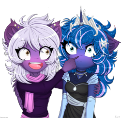 Size: 3089x3000 | Tagged: safe, artist:darkest-lunar-flower, princess luna, oc, oc:nighty cloud, anthro, g4, :<, blushing, boop, commission, ear fluff, ear piercing, female, high res, looking at you, mare, piercing, simple background, smiling, transparent background