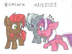 Size: 1097x827 | Tagged: safe, artist:cmara, babs seed, diamond tiara, silver spoon, earth pony, pony, g4, apology, female, filly, glasses, jewelry, necklace, open mouth, raised hoof, simple background, tiara, traditional art, trio, white background
