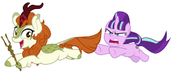 Size: 1300x553 | Tagged: artist needed, source needed, safe, autumn blaze, starlight glimmer, kirin, pony, unicorn, g4, the cutie map, duo, duo female, equal cutie mark, female, s5 starlight, simple background, staff, staff of sameness, starlight glimmer is not amused, thief, transparent background, unamused